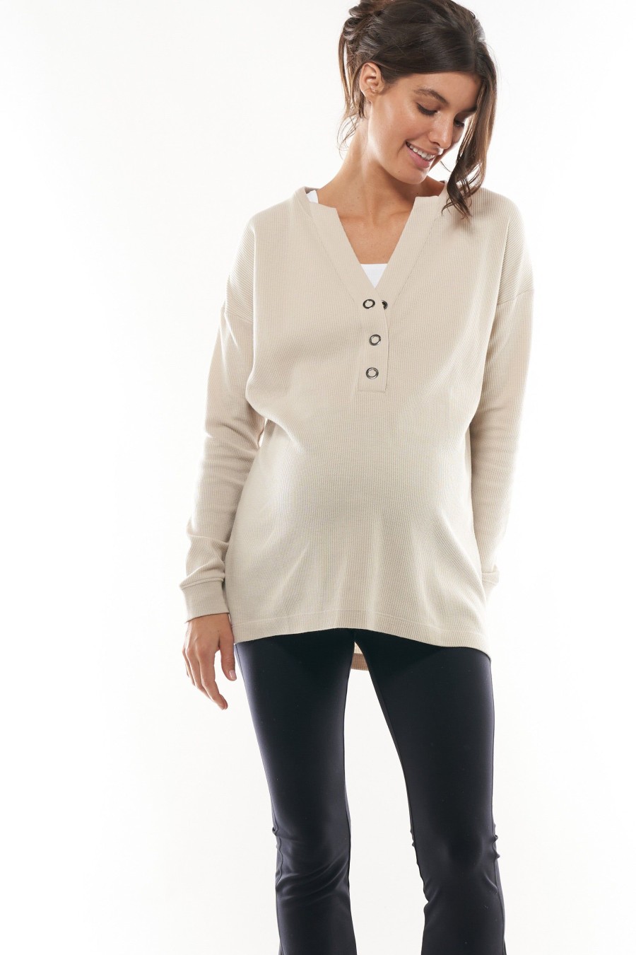 Maternity BAE The Label | All For Us Waffle Henley Stone