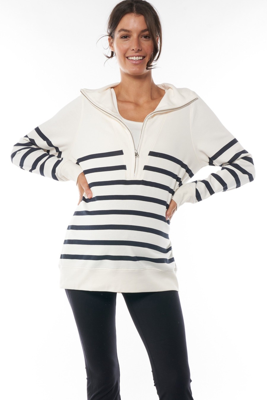 Maternity BAE The Label | Adventure Awaits Zip Sweat Ivory Stripe