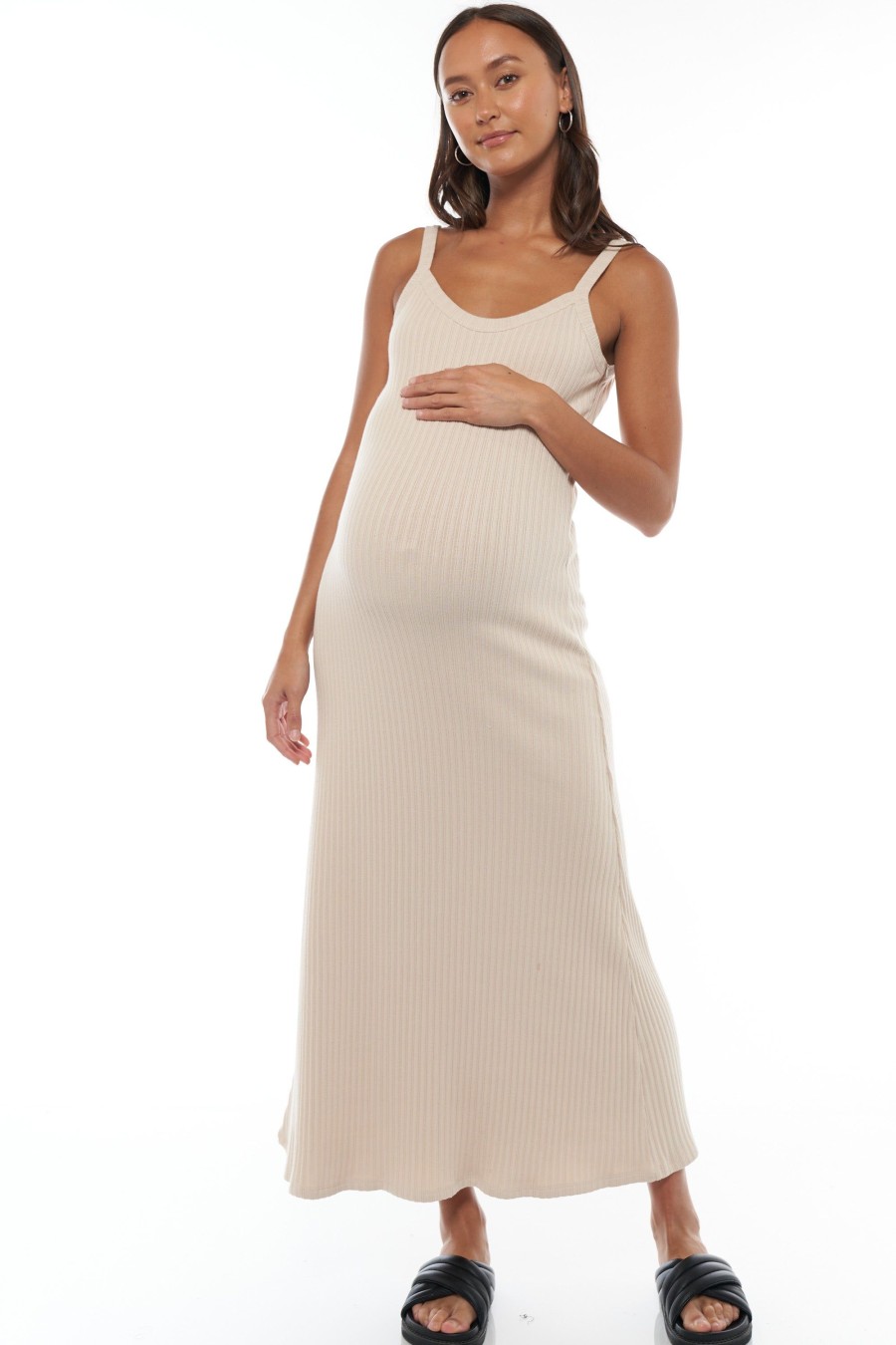 Maternity BAE The Label | All Time Rib Midi Dress Almond