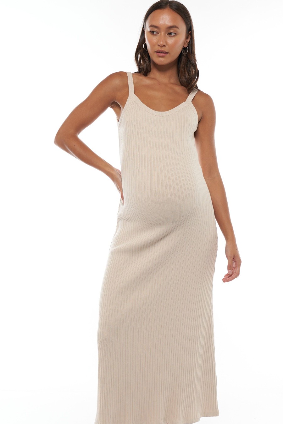 Maternity BAE The Label | All Time Rib Midi Dress Almond